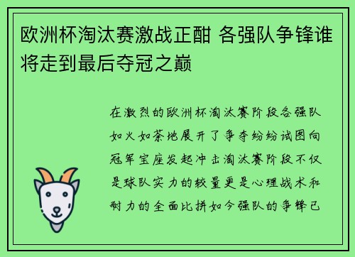 欧洲杯淘汰赛激战正酣 各强队争锋谁将走到最后夺冠之巅 欧洲杯淘汰赛激战正酣 各强队争锋谁将走到最后夺冠之巅